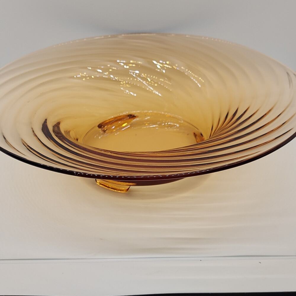 Antique Fostoria Topaz Amber Glass Spiral Optic Swirl Bowl Art Deco Console 12"
